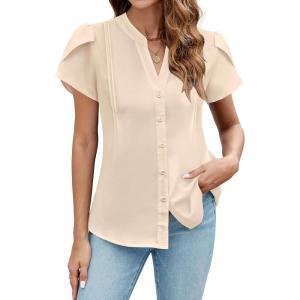 imageBlooming Jelly Womens Summer Dressy Casual Tops Business Casual Button Down Shirts Work V Neck Short Cap Sleeve BlouseApricot