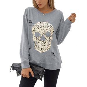 imageBlooming Jelly Womens Crewneck Sweatshirt Skull Graphic T Shirts Long Sleeve Top Pullover Oversized Sweaters Medium Light Grey