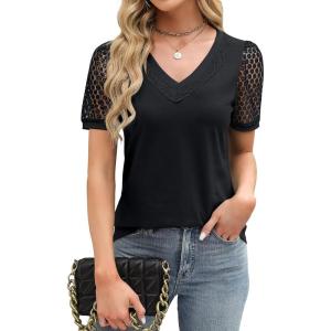 imageBlooming Jelly Womens Dressy Casual Blouses Business Work Tops Lace Short Sleeve V Neck T Shirts 2024 Summer OutfitsBlack