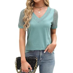 imageBlooming Jelly Womens Dressy Casual Blouses Business Work Tops Lace Short Sleeve V Neck T Shirts 2024 Summer OutfitsTeal