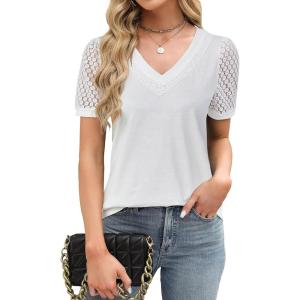 imageBlooming Jelly Womens Dressy Casual Blouses Business Work Tops Lace Short Sleeve V Neck T Shirts 2024 Summer OutfitsWhite