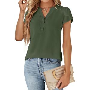 imageBlooming Jelly Womens Dressy Casual Tops Business Casual Cap Sleeve Work Blouses Chiffon V Neck Button Down ShirtsArmy Green