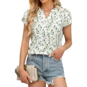 imageBlooming Jelly Womens Dressy Casual Tops Business Casual Cap Sleeve Work Blouses Chiffon V Neck Button Down ShirtsFloral Green
