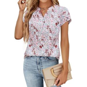 imageBlooming Jelly Womens Dressy Casual Tops Business Casual Cap Sleeve Work Blouses Chiffon V Neck Button Down ShirtsFloral Pink