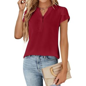 imageBlooming Jelly Womens Dressy Casual Tops Business Casual Cap Sleeve Work Blouses Chiffon V Neck Button Down ShirtsRed