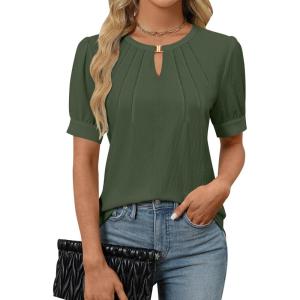 imageBlooming Jelly Womens Dressy Casual Tops Keyhole Business Work Blouses Pleated Puff Sleeve Summer ShirtsArmy Green