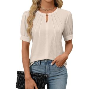 imageBlooming Jelly Womens Dressy Casual Tops Keyhole Business Work Blouses Pleated Puff Sleeve Summer ShirtsBeige