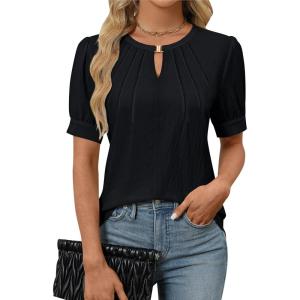 imageBlooming Jelly Womens Dressy Casual Tops Keyhole Business Work Blouses Pleated Puff Sleeve Summer ShirtsBlack