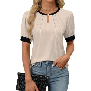imageBlooming Jelly Womens Dressy Casual Tops Keyhole Business Work Blouses Pleated Puff Sleeve Summer ShirtsColorblock Apricot
