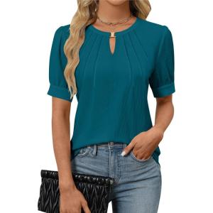 imageBlooming Jelly Womens Dressy Casual Tops Keyhole Business Work Blouses Pleated Puff Sleeve Summer ShirtsDark Cyan