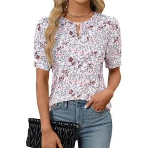 imageBlooming Jelly Womens Dressy Casual Tops Keyhole Business Work Blouses Pleated Puff Sleeve Summer ShirtsFloral Multicolor