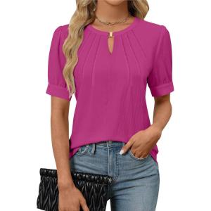 imageBlooming Jelly Womens Dressy Casual Tops Keyhole Business Work Blouses Pleated Puff Sleeve Summer ShirtsHot Pink