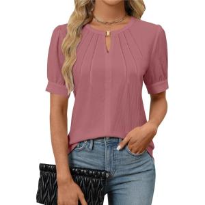 imageBlooming Jelly Womens Dressy Casual Tops Keyhole Business Work Blouses Pleated Puff Sleeve Summer ShirtsPink