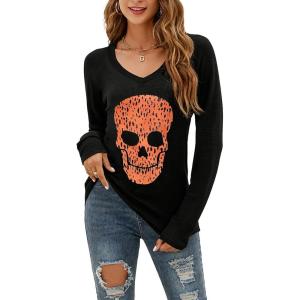 imageBlooming Jelly Womens Skull Shirts Skeleton Graphic Tees Halloween V Neck T Shirts Long Sleeve Black Blouses 2023 Casual Fall Tunic Tops Black  Leopard Print SkullSmall