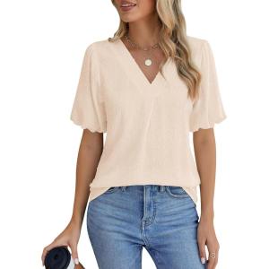 imageBlooming Jelly Women Dressy Casual Tops Business Work Blouses Summer Shirts Swiss Pot Puff Sleeve V Neck Outfits 2024Apricot