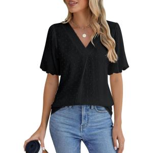 imageBlooming Jelly Women Dressy Casual Tops Business Work Blouses Summer Shirts Swiss Pot Puff Sleeve V Neck Outfits 2024Black