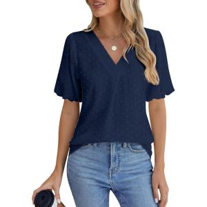 imageBlooming Jelly Women Dressy Casual Tops Business Work Blouses Summer Shirts Swiss Pot Puff Sleeve V Neck Outfits 2024Deep Blue