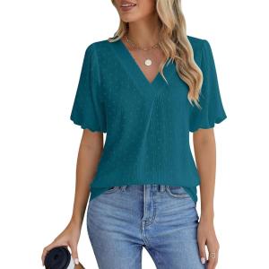 imageBlooming Jelly Women Dressy Casual Tops Business Work Blouses Summer Shirts Swiss Pot Puff Sleeve V Neck Outfits 2024Turquoise