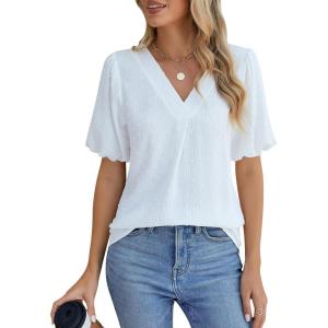 imageBlooming Jelly Women Dressy Casual Tops Business Work Blouses Summer Shirts Swiss Pot Puff Sleeve V Neck Outfits 2024White