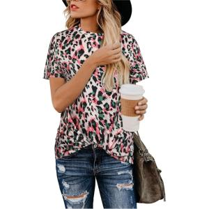 imageBlooming Jelly Womens Leopard Print Tops Short Sleeve Round Neck Casual T Shirts TeesPink Leopard Print