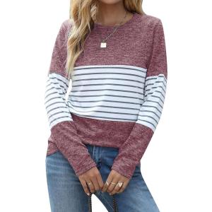 imageBlooming Jelly Womens Long Sleeve Tunic Tops Color Block Shirt Crewneck Casual Pullover Blouses Fall Outfits 2024Crimsonstripe