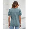 imageBlooming Jelly Womens Puff Sleeve Summer Tops Chiffon Short Sleeve Blouses White V Neck Pom Pom ShirtsDark Green