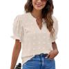 imageBlooming Jelly Womens Puff Sleeve Summer Tops Chiffon Short Sleeve Blouses White V Neck Pom Pom ShirtsBeige