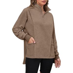 imageBlooming Jelly Women Oversized Sweatshirt Fleece Quarter Zip Pullover Casual Long Sleeve Tops Fall Outfits with PocketsCoffee Grey
