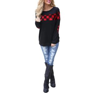 imageBlooming Jelly Womens Color Block Plaid Shirt Crewneck Sweatshirt Elbow Patches Pullover Sweatshirt TopBlack