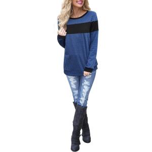 imageBlooming Jelly Womens Color Block Plaid Shirt Crewneck Sweatshirt Elbow Patches Pullover Sweatshirt TopBlack Blue Plaid