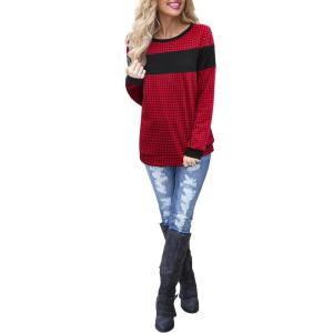 imageBlooming Jelly Womens Color Block Plaid Shirt Crewneck Sweatshirt Elbow Patches Pullover Sweatshirt TopBlack Red Plaid