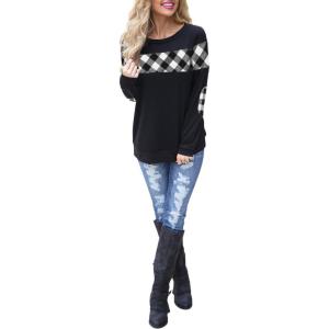 imageBlooming Jelly Womens Color Block Plaid Shirt Crewneck Sweatshirt Elbow Patches Pullover Sweatshirt TopBlack White Plaid