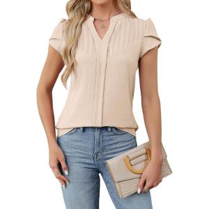 imageBlooming Jelly Womens Dressy Blouses Short Sleeve Business Casual Shirts V Neck Work Tops Fashion Pleated Summer T ShirtsApricot
