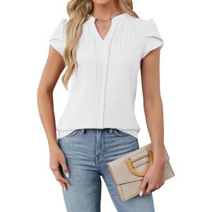 imageBlooming Jelly Womens Dressy Blouses Short Sleeve Business Casual Shirts V Neck Work Tops Fashion Pleated Summer T ShirtsWhite