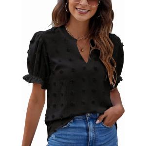 imageBlooming Jelly Womens Puff Sleeve Summer Tops Chiffon Short Sleeve Blouses White V Neck Pom Pom ShirtsBlack