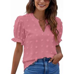 imageBlooming Jelly Womens Puff Sleeve Summer Tops Chiffon Short Sleeve Blouses White V Neck Pom Pom ShirtsCoral Red