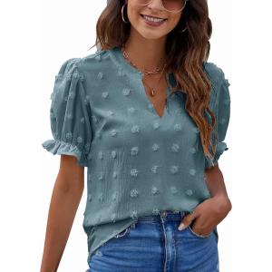 imageBlooming Jelly Womens Puff Sleeve Summer Tops Chiffon Short Sleeve Blouses White V Neck Pom Pom ShirtsDark Green