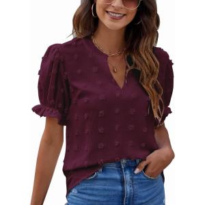 imageBlooming Jelly Womens Puff Sleeve Summer Tops Chiffon Short Sleeve Blouses White V Neck Pom Pom ShirtsDark Wine Red