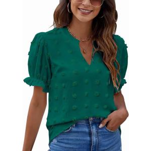 imageBlooming Jelly Womens Puff Sleeve Summer Tops Chiffon Short Sleeve Blouses White V Neck Pom Pom ShirtsDeep Green