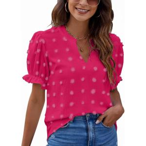 imageBlooming Jelly Womens Puff Sleeve Summer Tops Chiffon Short Sleeve Blouses White V Neck Pom Pom ShirtsHot Pink