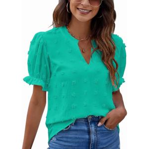 imageBlooming Jelly Womens Puff Sleeve Summer Tops Chiffon Short Sleeve Blouses White V Neck Pom Pom ShirtsLake Green