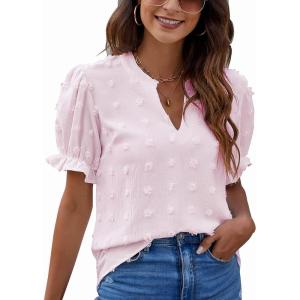 imageBlooming Jelly Womens Puff Sleeve Summer Tops Chiffon Short Sleeve Blouses White V Neck Pom Pom ShirtsLight Pink