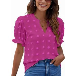 imageBlooming Jelly Womens Puff Sleeve Summer Tops Chiffon Short Sleeve Blouses White V Neck Pom Pom ShirtsMagenta