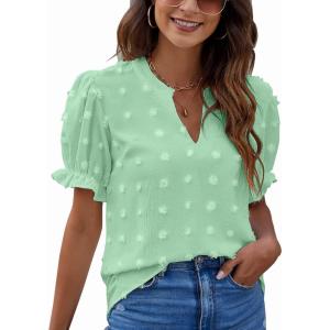 imageBlooming Jelly Womens Puff Sleeve Summer Tops Chiffon Short Sleeve Blouses White V Neck Pom Pom ShirtsMint