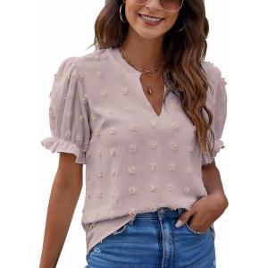 imageBlooming Jelly Womens Puff Sleeve Summer Tops Chiffon Short Sleeve Blouses White V Neck Pom Pom ShirtsPink