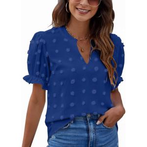 imageBlooming Jelly Womens Puff Sleeve Summer Tops Chiffon Short Sleeve Blouses White V Neck Pom Pom ShirtsRoyal Blue
