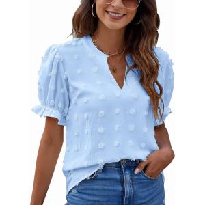 imageBlooming Jelly Womens Puff Sleeve Summer Tops Chiffon Short Sleeve Blouses White V Neck Pom Pom ShirtsSky Blue