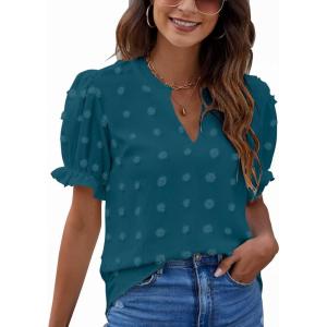 imageBlooming Jelly Womens Puff Sleeve Summer Tops Chiffon Short Sleeve Blouses White V Neck Pom Pom ShirtsTeal