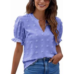 imageBlooming Jelly Womens Puff Sleeve Summer Tops Chiffon Short Sleeve Blouses White V Neck Pom Pom ShirtsViolet