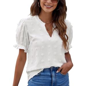 imageBlooming Jelly Womens Puff Sleeve Summer Tops Chiffon Short Sleeve Blouses White V Neck Pom Pom ShirtsWhite